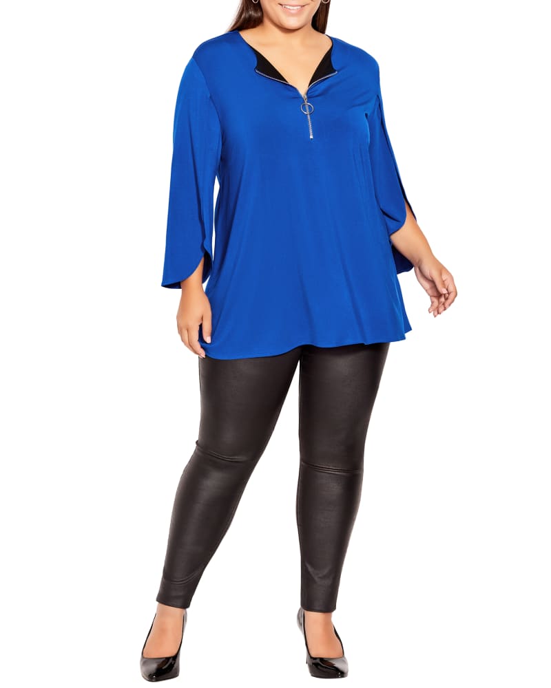 Front of a model wearing a size 14 Imogen Zip Blouse in Electric Blue by Ave Studio. | dia_product_style_image_id:234415